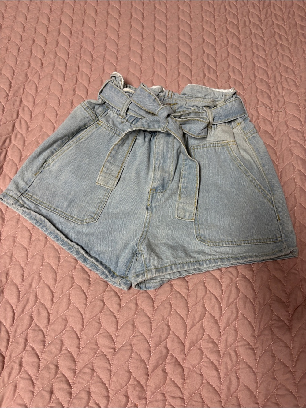 SHEIN High-Waist Light Blue Denim Paperbag Shorts with Belt